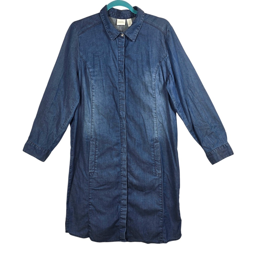 Chicos Blue Chambray‎ Button Front Shirt Dress Women Large Long Sleeve Pockets